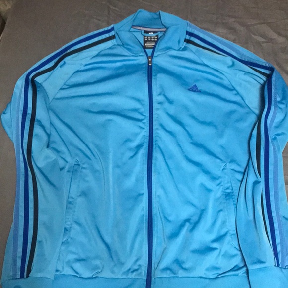light blue adidas jacket with white stripes